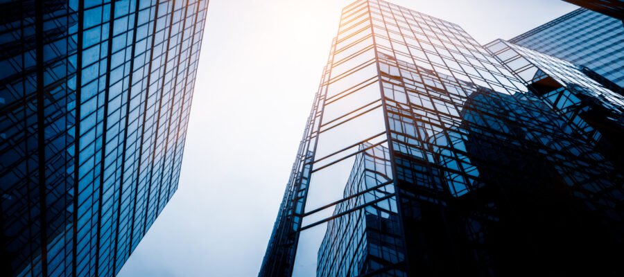 low angle view of skyscrapers in city of China.