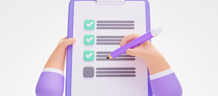 Hand holding and writing checklist application form document on clipboard on white background 3d illustration
